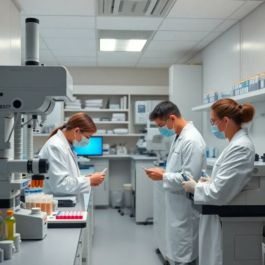 Modern pathology laboratory with technicians working on samples and advanced diagnostic equipment