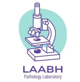 Laabh pathology laboratory logo with a microscope and medical cross symbol in blue and white